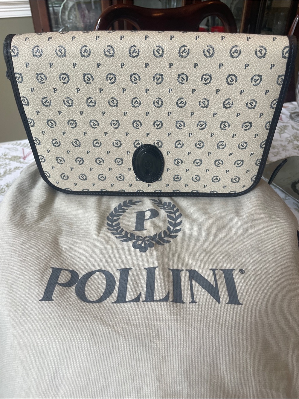 Pollini Beige & Navy Monogram Shoulder/ Crossbody Bag
